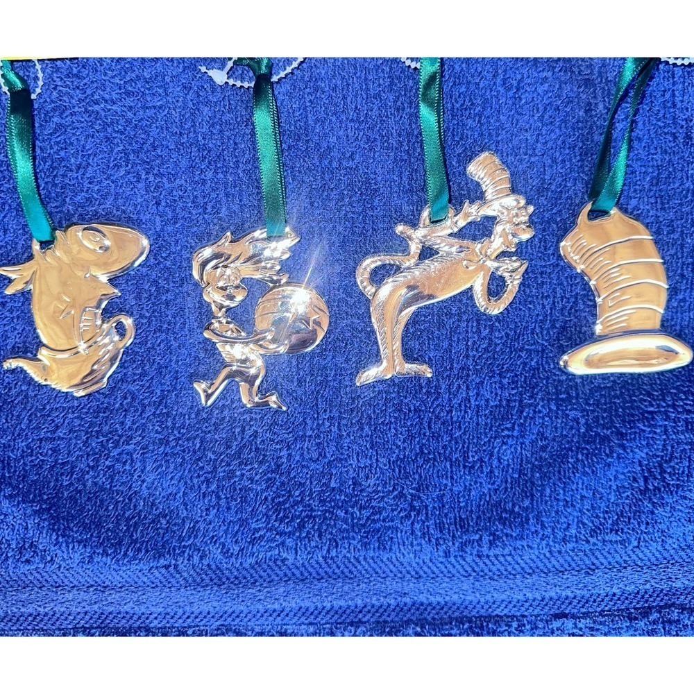 NEW Vintage Cat In The Hat Christmas Tree Ornament Dr Seuss Silver Plated Set